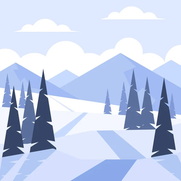 Zimowy Krajobraz Sosnami Górami Płaski Styl Wektor Ilustracji — Wektor stockowy