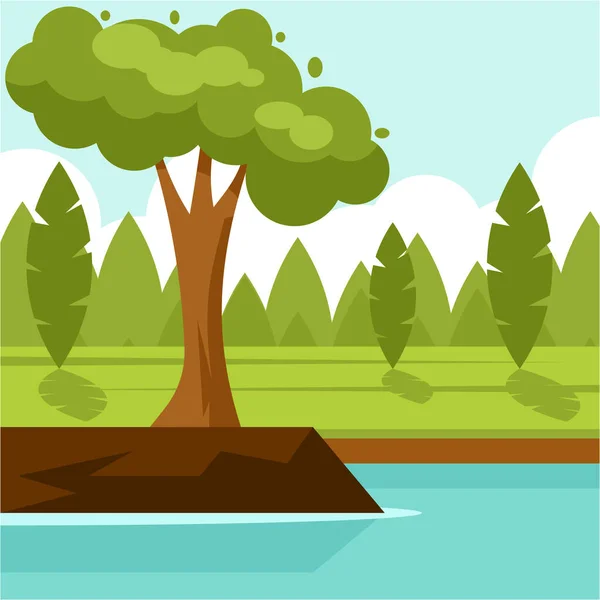 Vlakke Ontwerp Stijl Vector Illustratie Van Een Landschap Met Bomen — Stockvector