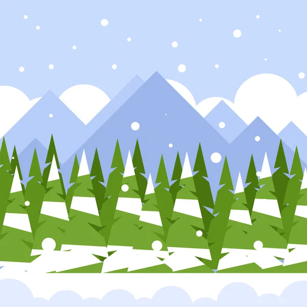 Paisagem Inverno Com Pinheiros Montanhas Ilustração Vetorial Estilo Plano — Vetor de Stock