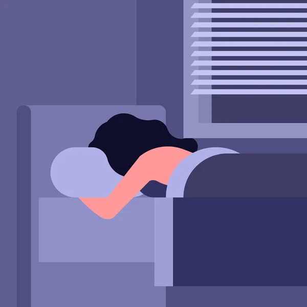 Νεαρή Γυναίκα Κοιμάται Στο Κρεβάτι Νύχτα Εικονογράφηση Διάνυσμα Επίπεδο Στυλ — Διανυσματικό Αρχείο