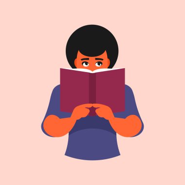 Kitap okuyan bir kız. Düz bir şekilde vektör illüstrasyonu. Pembe arka planda izole edilmiş.