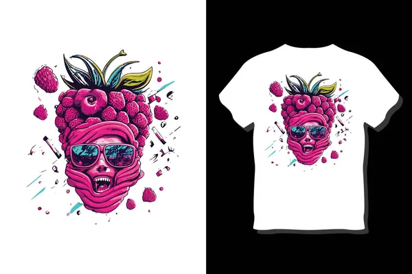 Shirt Print Design Met Framboos Fruit Vector Illustratie — Stockvector