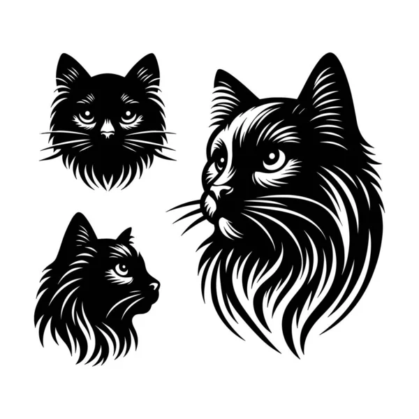 Beyaz bir arkaplanda izole kedi kafası siluetleri, Vektör illüstrasyon.