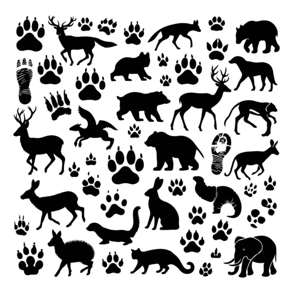 stock vector Silhouette set of different animals and their footprint