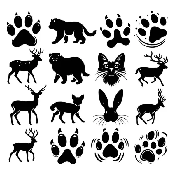 stock vector Silhouette set of different animals and their footprint