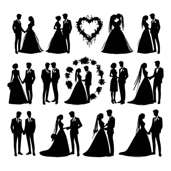 Silhouette Set Wedding Couples Stock Vector