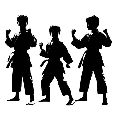 Bir grup genç karateci çocuk. Vektör izole illüstrasyonu