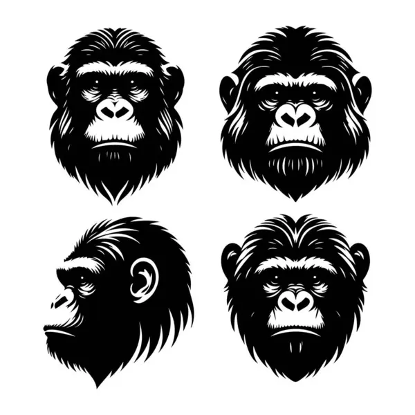 stock vector Silhouette set of ape animal head. Vector isolated illustration