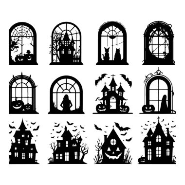 Set of Halloween window silhouettes isolated on a white background, Vector illustration.