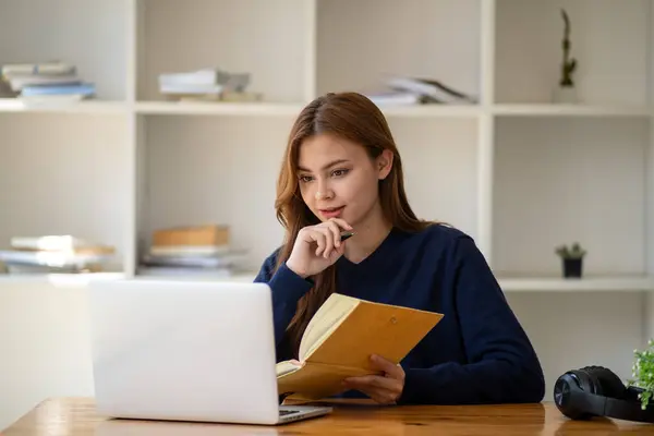 Successful happy smiling businesswoman saleswoman working on laptop computer, Young female making on video conference meeting online zoom, Accounting woman do taxes calculation interest rates law firm