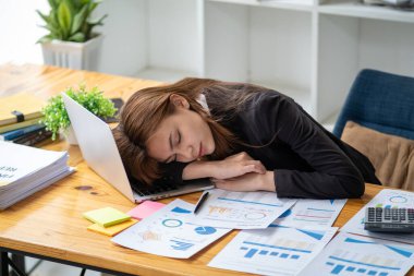 Tired bored exhausted stressed fatigue overwork businesswoman sleeping on tale in office, Burn out saleswoman sleeping in office