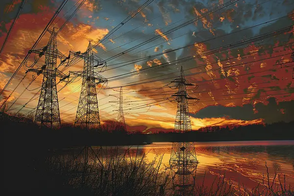 Bir elektrik hattı, gün batımına karşı büyük elektrik kuleleri sağlıyor..