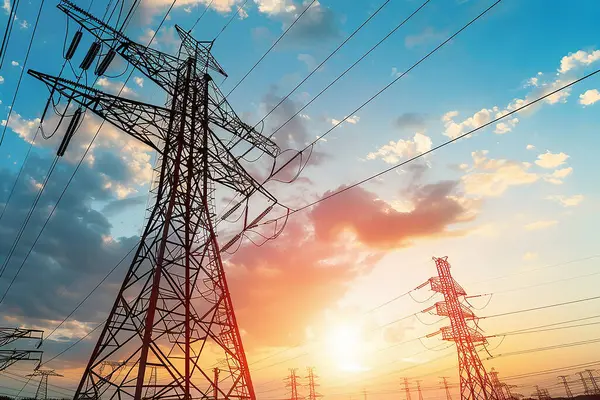 Bir elektrik hattı, gün batımına karşı büyük elektrik kuleleri sağlıyor..