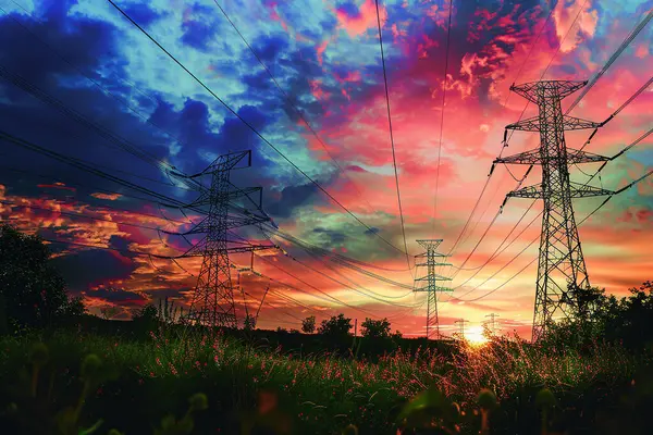 Bir elektrik hattı, gün batımına karşı büyük elektrik kuleleri sağlıyor..