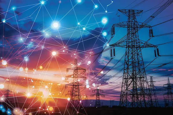Bir elektrik hattı, gün batımına karşı büyük elektrik kuleleri sağlıyor..