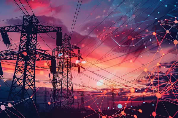 Bir elektrik hattı, gün batımına karşı büyük elektrik kuleleri sağlıyor..