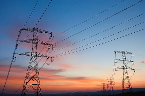 Bir elektrik hattı, gün batımına karşı büyük elektrik kuleleri sağlıyor..