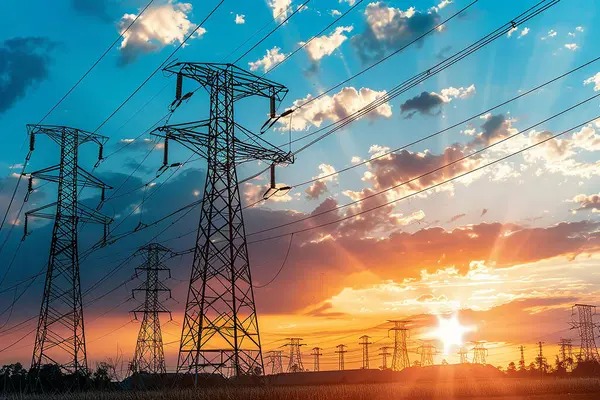 Bir elektrik hattı, gün batımına karşı büyük elektrik kuleleri sağlıyor..