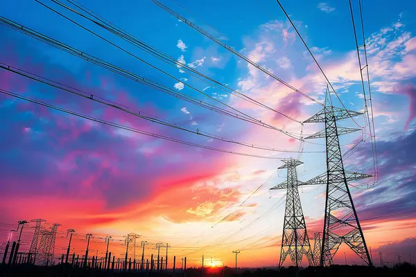 Bir elektrik hattı, gün batımına karşı büyük elektrik kuleleri sağlıyor..