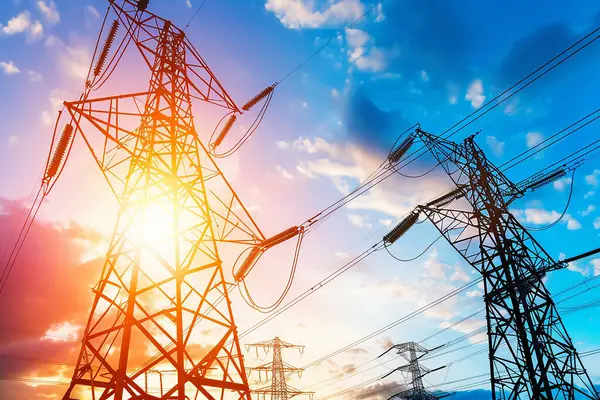 Bir elektrik hattı, gün batımına karşı büyük elektrik kuleleri sağlıyor..