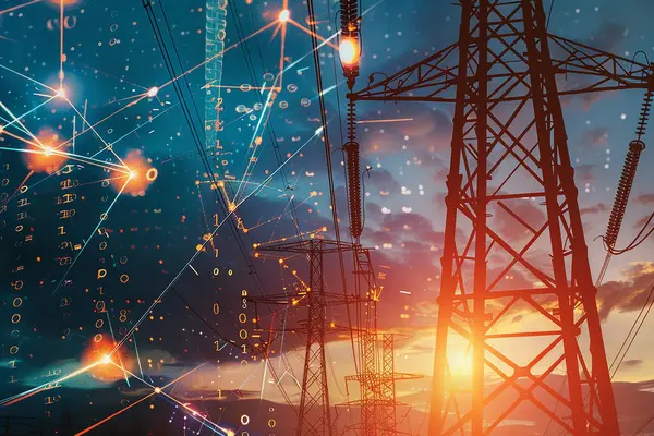 Bir elektrik hattı, gün batımına karşı büyük elektrik kuleleri sağlıyor..