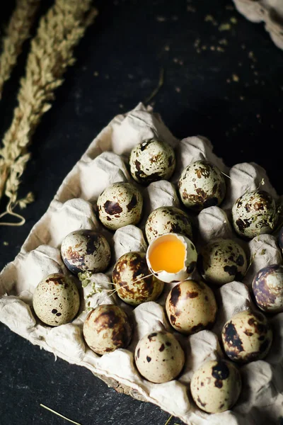 Ham Bıldırcın Yumurtalarını Yumurta Tepsilerinde Karton Kaplama Doku Arka Planında — Stok fotoğraf