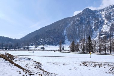 Bernina Express 'in ünlü İsviçre dağ treni mavi gökyüzünde İtalya ve İsviçre Alplerini geçti.