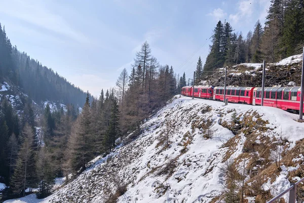 Famoso Treno Svizzero Montagna Del Bernina Express Attraversato Alpi Italiane — Foto Stock