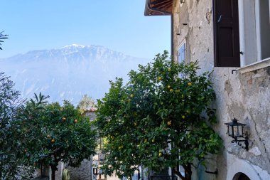 Güneşli bir günde Garda Gölü 'ndeki Limone del Garda kasabası manzarası. Brescia ili, Lombardia, İtalya.