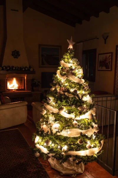 2020年12月煙突を背景にライトアップされたクリスマスツリー — ストック写真