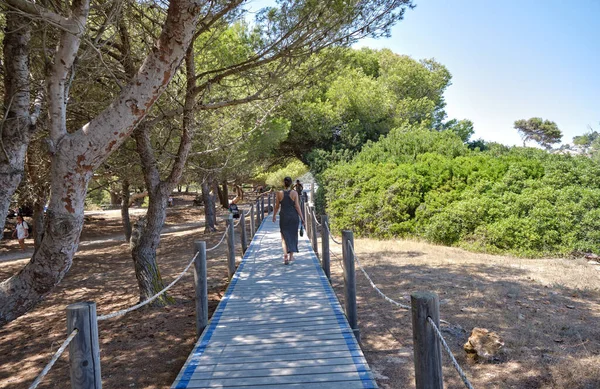 Menorca, İspanya: Soğuk güneşli bir günde Son Bou plajında öğleden sonra, Menorca, İspanya