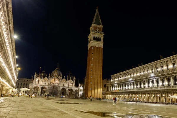 stock image Venice, Italy: Bell tower and historical buildings at night at Piazza San Marco in Venice, Italy.