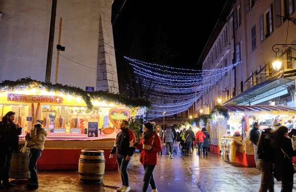 stock image Annecy. France. Old facades of medieval houses in the historic city center at night.