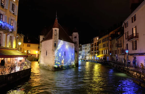 stock image Annecy. France. Old facades of medieval houses in the historic city center at night.