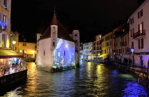 stock image Annecy. France. Old facades of medieval houses in the historic city center at night.