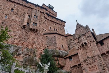 Alsace, Aralık: Haut-Koenigsbourg kalesinin duvarından Alsas panorama ve üzüm bağlarının üzerinden Kara Orman 'a bakın