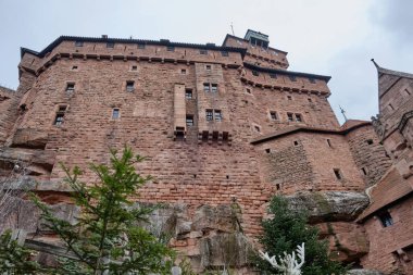 Alsace, Aralık: Haut-Koenigsbourg kalesinin duvarından Alsas panorama ve üzüm bağlarının üzerinden Kara Orman 'a bakın