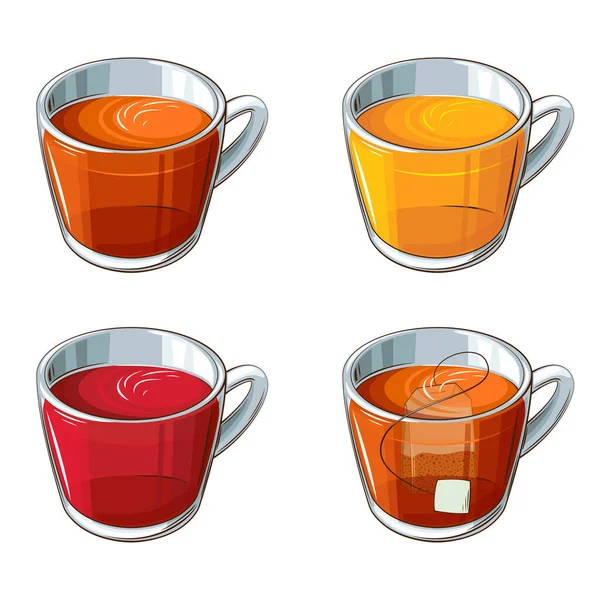 Tea Collection Glass Cup Tea Black Red Green Tea — Stock Vector