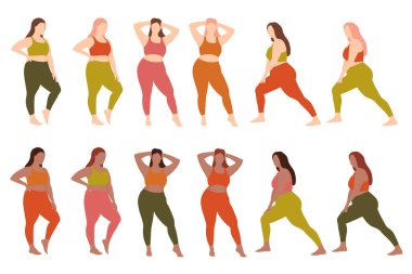 Vücut Pozitif Konsept. Spor yapan şişman kadınlar. Spor yapan şişman kız. Ayrıca beden ölçülerinde kadınlar spor yapıyor. Pilates konsepti