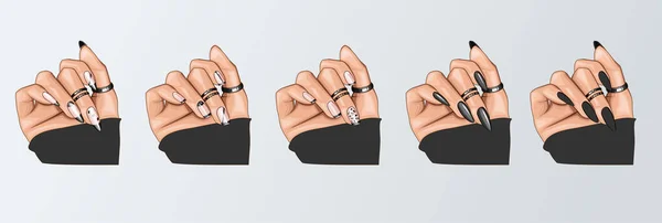 Manikürlü ve Yüzüklü Kadın El. Manikür koleksiyonu. Güzellik Salonu tasarım konsepti