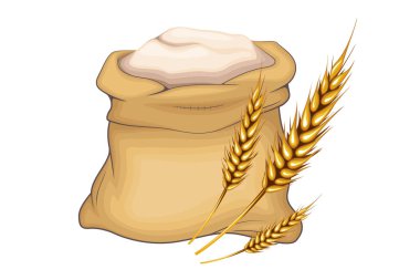  Buğday dikenli un torbası beyaz üzerine izole edilmiş. Un çuvalı Vektör İllüstrasyonu. Yemek İçindekiler