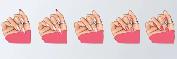 Női Kéz Gyönyörű Manikűrrel Gyűrűkkel Manikűr Gyűjtemény Szépségszalon Design Koncepció — Stock Vector