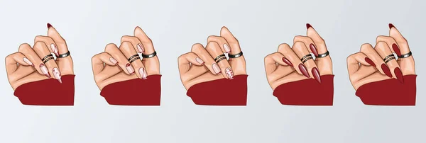Mão Feminina Com Manicure Bonita Anéis Coleção Manicure Conceito Design —  Vetores de Stock