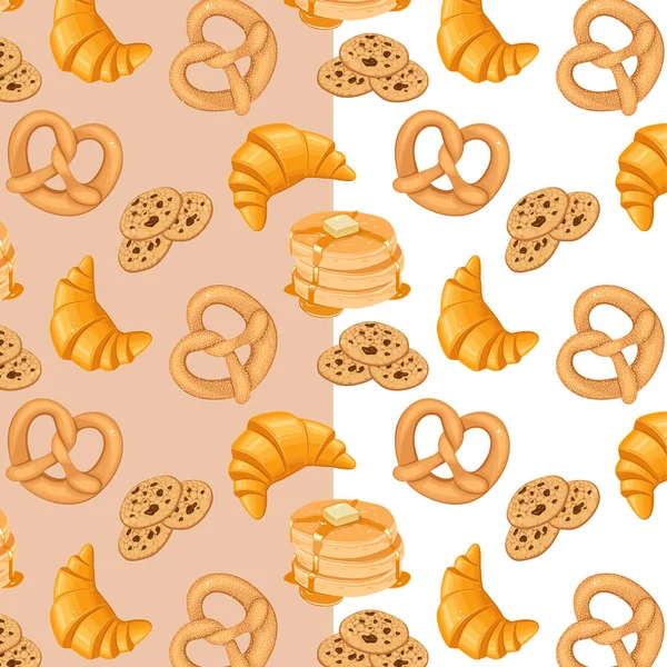 Bakery Seamless Pattern Pretzel Croissant Pancakes Cookies Bakery Background — Stock Vector