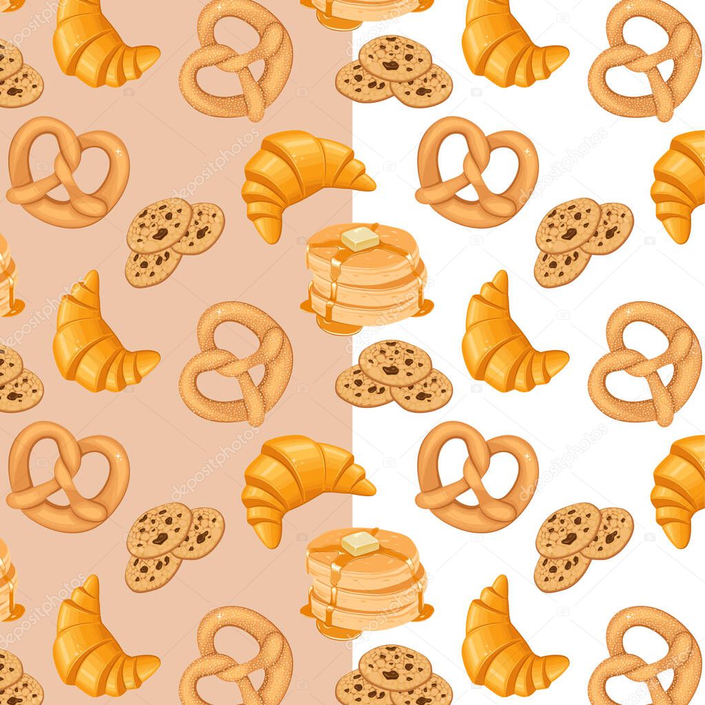 Bakery seamless pattern with pretzel croissant pancakes cookies bakery background
