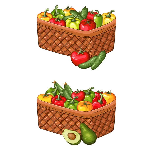 Їжа Кошик Свіжими Свіжими Овочами Ілюстрація Овочі Мікс — стоковий вектор