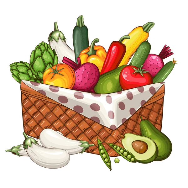 附有新鲜蔬菜说明 蔬菜混合料的食物篮 — 图库矢量图片
