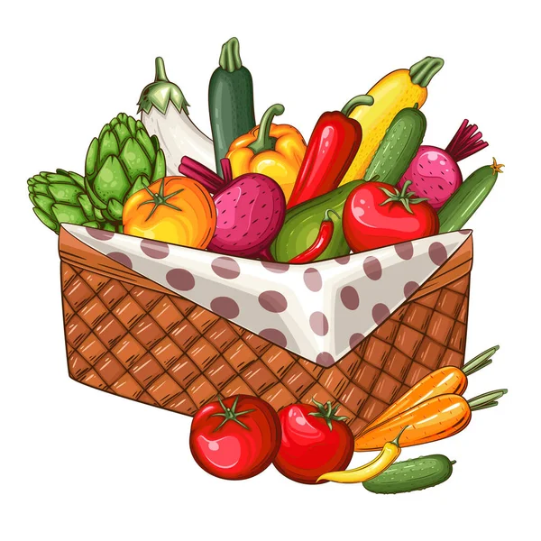 附有新鲜蔬菜说明 蔬菜混合料的食物篮 — 图库矢量图片