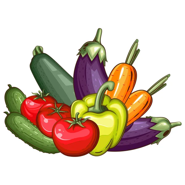Ilustração Legumes Frescos Mistura Vegetais Berinjela Tomate Abobrinha Cenoura Pepino —  Vetores de Stock