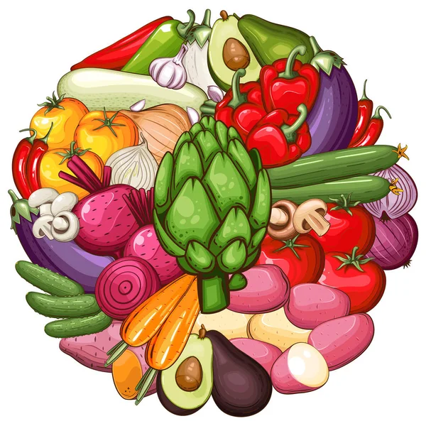 Färska Grönsaker Illustration Grönsaker Blandning Potatis Tomat Lök Morot Vitlök — Stock vektor